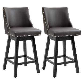 HOMCOM 28" Swivel Bar Height Bar Stools Set of 2, Armless Upholstered Barstools Chairs with Nailhead Trim, Wood Legs