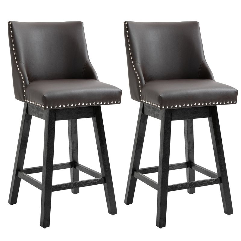 HOMCOM 28" Swivel Bar Height Bar Stools Set of 2, Armless Upholstered Barstools Chairs with Nailhead Trim, Wood Legs, 1 of 7