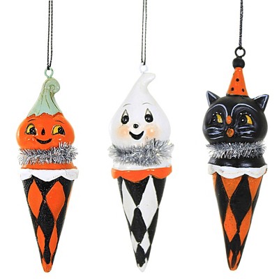 Transpac 4.25 In Checkered Cone Halloween Ghost Black Cat Pumpkin Tree Ornament Sets