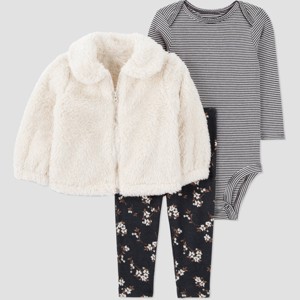 Carter's Just One You® Baby Girls' 3pc Faux Shearling Jacket with Long Sleeve Bodysuit and Floral Leggings Set - Black - 1 of 4