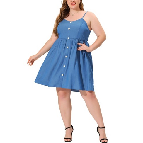 Agnes Orinda Women's Plus Size Casual Button Down Sleeve Strap Smocked Back  Chambray Sundress Blue 3X