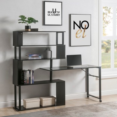 LIVAREEmlen Home Office Computer Desk L-Shaped Corner Table, Rotating Computer Table with 5-Tier Bookshelf, Lockable Casters (Black)