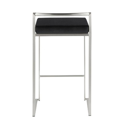 Fuji Brushed Stainless Steel Stackable Counter Stools with Black Velvet Cushion, Set of 2