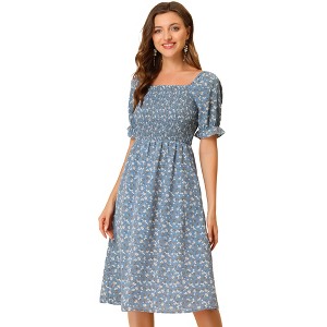 Allegra K Women's Cottagecore Floral Square Neck Puff Sleeves Summer Midi Smocked Dress - 1 of 4