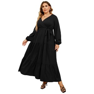 Clearlove Women's Plus Size V-Neck Long Sleeves A-Line Pleated Floor Length Formal Dress - 1 of 4