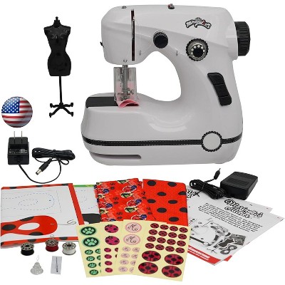 Miraculous Ladybug Marinette's Mini Portable Sewing Machine For Kids, Dual Speed with Fabric, Black Mannequin, Superhero Mask Cutouts, And Foot Pedal
