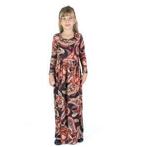 24seven Comfort Apparel Girls Black and Red Paisley Long Sleeve Pleated Maxi Dress - 1 of 4