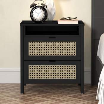 Galano Carnforth 2-Drawer Black Nightstand Sidetable with Laminated Rattan (22.7 in. H x 20.9 in. W x 15.7 in. D)