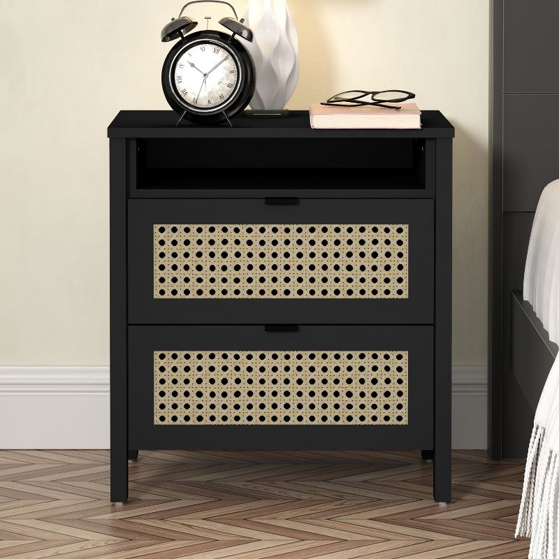 Galano Carnforth 2-Drawer Black Nightstand Sidetable with Laminated Rattan (22.7 in. H x 20.9 in. W x 15.7 in. D), 1 of 12