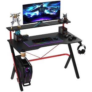 HOMCOM 47 Inch Gaming Desk Racing Computer Desk Home Office Workstation with Elevated Monitor Shelf Rotatable Cup Holder Headphone Hook, Black - 1 of 4
