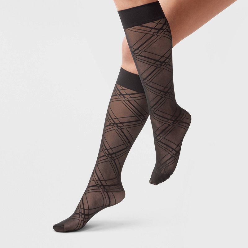 Women&#39;s Deco Plaid Sheer Fashion Knee Highs - A New Day&#8482; Black One Size Fits Most, 1 of 3