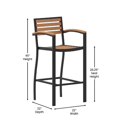 Teak Faux Wood Poly Resin Slatted Bar Height Stool with Aluminum Frame