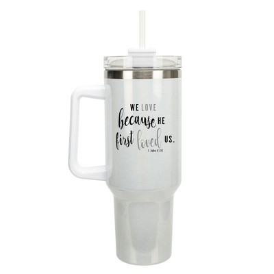 Elanze Designs We Love Because He First Loved Us Faith 40 oz. Stainless Steel, Large Water Bottle Coffee Mug, Spill & Leak Resistant, Thermal Travel