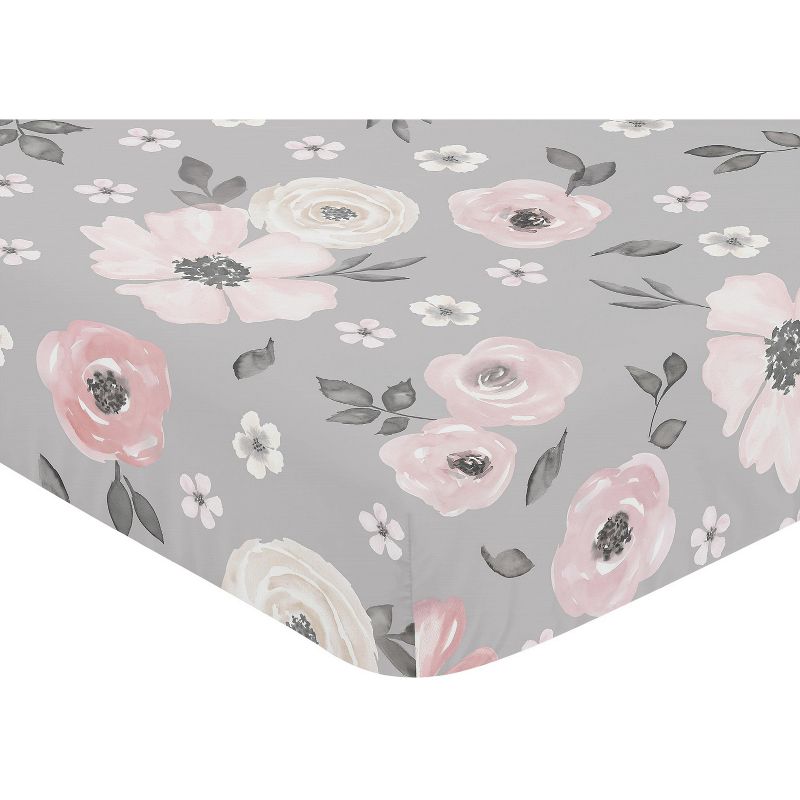 Sweet Jojo Designs Girl Baby Fitted Crib Sheet Watercolor Floral Grey and Pink, 4 of 8
