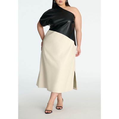 ELOQUII Women's Plus Size One Shoulder Colorblock Faux Leather Dress