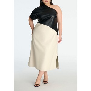 ELOQUII Women's Plus Size One Shoulder Colorblock Faux Leather Dress - 1 of 3