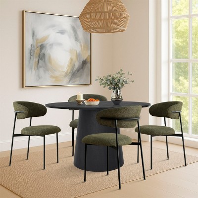 5-Piece Modern Dining Set for 4 ,Black Wood Round Dining Table & Armless Upholstered Linen Dining Chairs for Dining Room-Tanpinhause