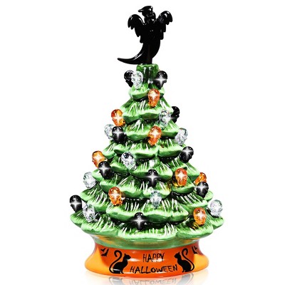 Costway 11.5'' Pre-Lit Ceramic Hand-Painted Tabletop Halloween Tree Battery Powered Green