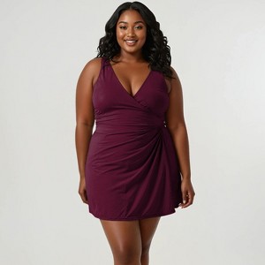 Calypsa Women's Plus Size Alana Wrap-Style Swim Dress With Hidden Bottoms and Adjustable Straps - 1 of 4