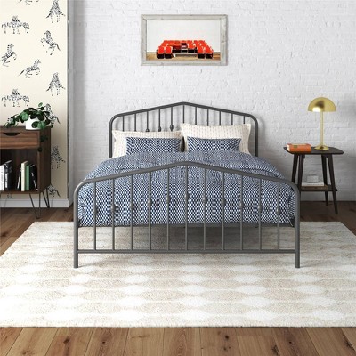 Gray Queen Metal Platform Bed with Headboard and Slats