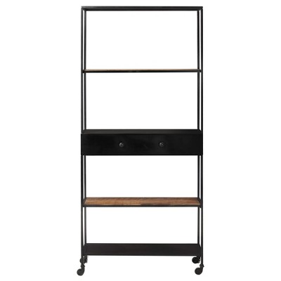 Industrial Rough Mango Wood and Iron 4-Shelf Bookcase with Drawer