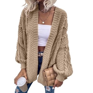 Imily Bela Womens Oversized Open Front Cable Knit Cardigan Sweaters Lantern Long Sleeve Chunky Outwear Coats - 1 of 4