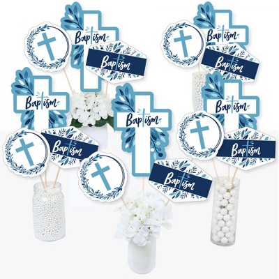 Big Dot of Happiness Baptism Blue Elegant Cross - Boy Religious Party Centerpiece Sticks - Table Toppers - Set of 15