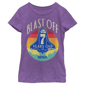 Girl's NASA Space Shuttle Blast Off 7th Birthday Retro Portrait T-Shirt - 1 of 3
