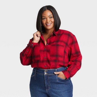 Women's Plus Size Plaid Long Sleeve Button-Down Flannel Tunic Top - Ava & Viv™