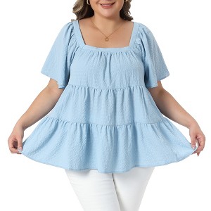Women's Plus Size Textured Square Neck Short Sleeve Flowy Swing Babydoll Summer Casual Peplum Blouses - Agnes Orinda - 1 of 4