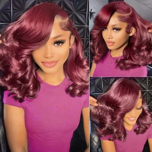 Jessie's Wig 12-14 Inch Glueless Pull Go 99J Red Wavy Short Bob Wig With Curtain Bangs 13x5/6x5 Pre Cut Lace - 1 of 4
