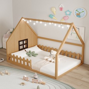 1 Full Bed Frame, Solid Wood House Bed with Fence and Window, No Box Spring Needed - Baofuwish - 1 of 4