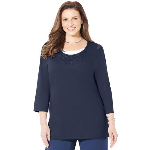 Catherines Women's Plus Size Easy Fit Crochet Trim Tee - 0x, Navy : Target