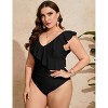 Women's Plus Size Ruffled V-Neck Swimsuit with Abdominal Fold and Double Shoulder - 3 of 4