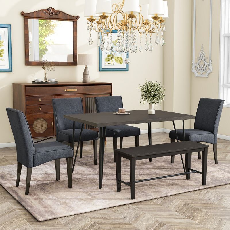 Modern 6-Piece V-Shaped Metal Leg Dining Table Set with 4 Upholstered Chairs and 1 Bench - ModernLuxe, 1 of 13