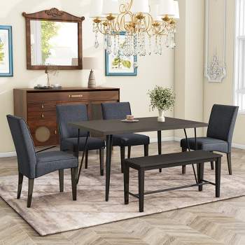 Modern 6-Piece V-Shaped Metal Leg Dining Table Set with 4 Upholstered Chairs and 1 Bench - ModernLuxe