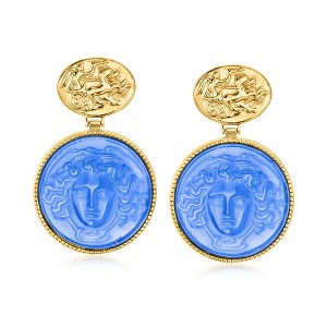 Ross-Simons Italian Tagliamonte Blue Venetian Glass Medusa Drop Earrings in 18kt Gold Over Sterling - 1 of 3