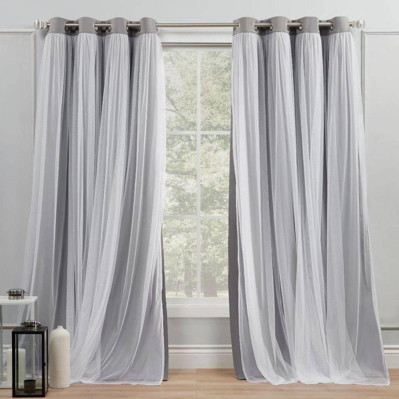 Set of 2 Caterina Layered Solid Blackout with sheer top Curtain Panels Black Pearl - Exclusive Home, 1 of 9