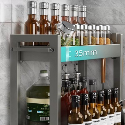 3-Tier Black Metal Kitchen Countertop Spice Rack with Hooks