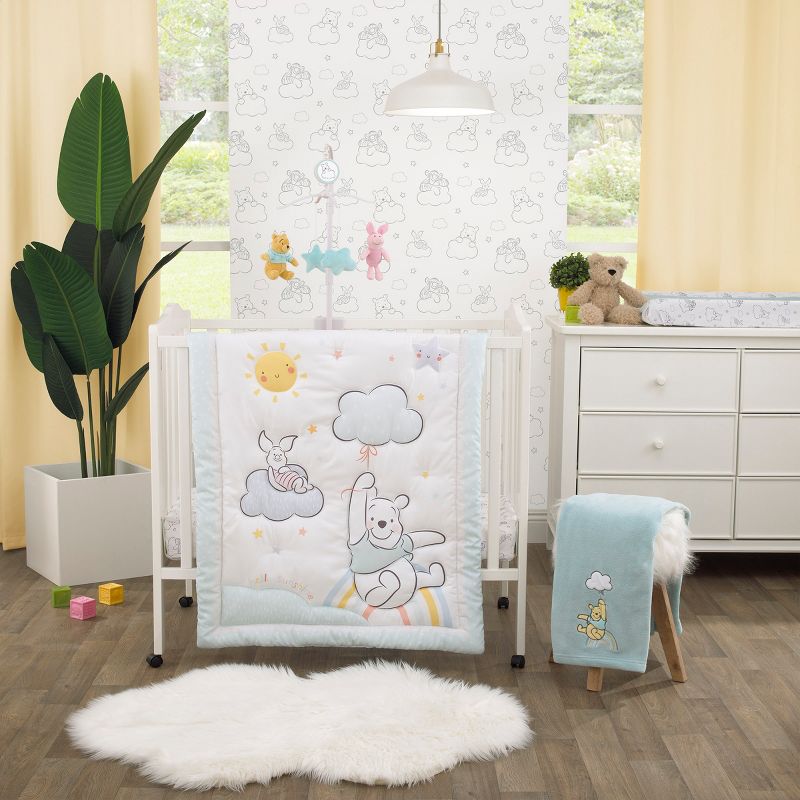 Disney Winnie the Pooh Hello Sunshine White and Aqua 3 Piece Nursery Mini Crib Bedding Set - Comforter and Two Fitted Mini Crib Sheets, 1 of 6