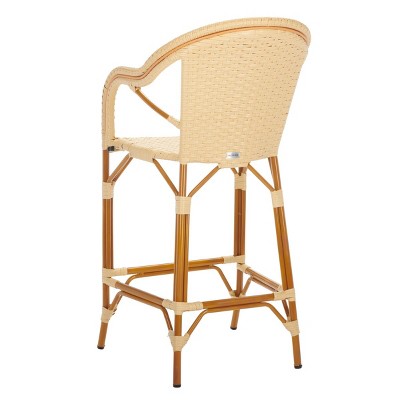 Natural Woven Faux Wicker and Aluminum Bar Stool with Arms