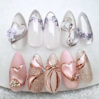 LOVELAY CREATIONS Pink Almond Press-On Nails with Flower Rhinestones Pearls