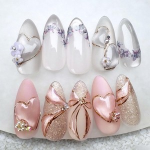 LOVELAY CREATIONS Pink Almond Press-On Nails with Flower Rhinestones Pearls - 1 of 4