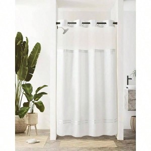 Stall Shower Curtain with Snap - in Liner, No Hooks Needed, 54 W×80 H, White with Stripe, Hotel Grade, Machine Washable - 1 of 4