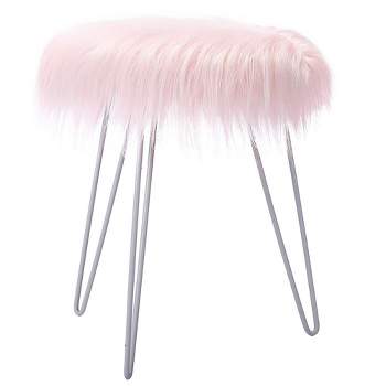 BirdRock Home Round Faux Fur Foot Stool Ottoman - Pink with White Legs