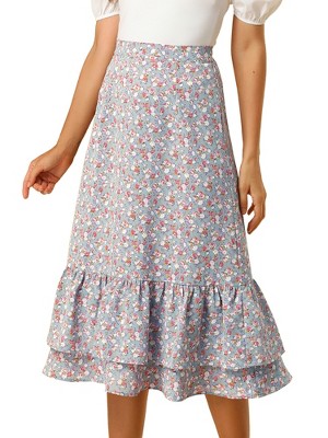 INSPIRE CHIC Women's Chiffon Elastic Waist Ruffle Tiered Flowy Midi Floral Printed Skirts