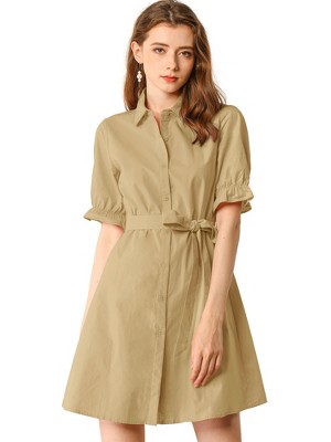Allegra K Women's Summer Ruffled Short Sleeve Belted Button Down Shirt Dress