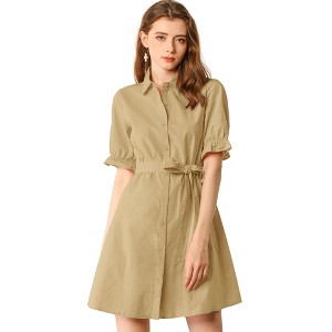 Allegra K Women's Summer Ruffled Short Sleeve Belted Button Down Shirt Dress - 1 of 4