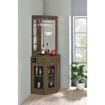 Rustic Oak Corner Bar Cabinet with Mirrored Back and Glass Shelf
