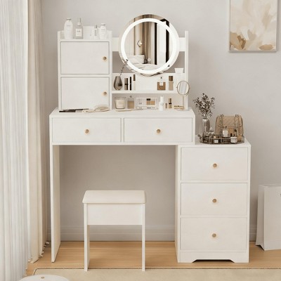 Vanity Desk with Mirror and Lights, Makeup Vanity Table Set with Cushioned Chair, 3-Color Dimmable Lighted Mirror, White Dressing Table for Bedroom